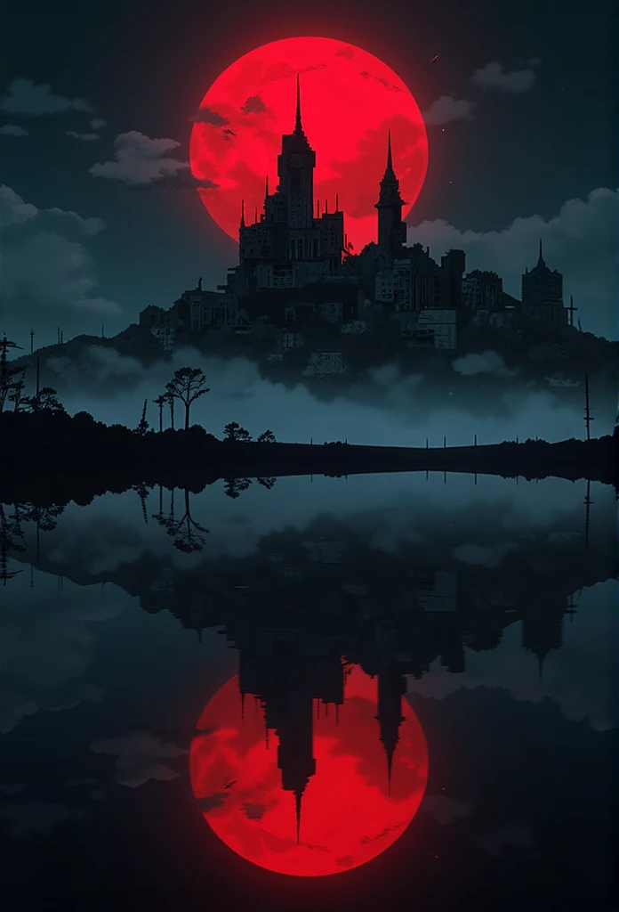 Dark, horror, ghost city beside a lake getting (reflected on the lake), red moon in the sky