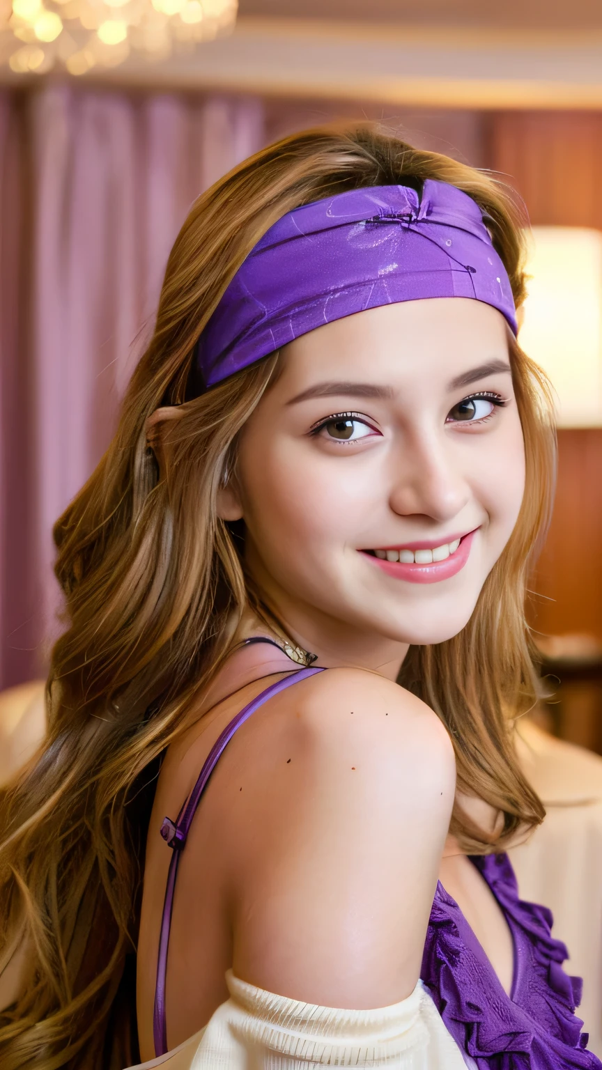 Female ((20year old)), hair ((long, wavy, brown)), eyes ((hazel, smart eyes)), clothes ((G-string, off-shoulders, purple, light purple)), accessories ((hairband)), gigantic breast, oppai, seductive smile, smiling, indoor, Hotel Room, bright lighting