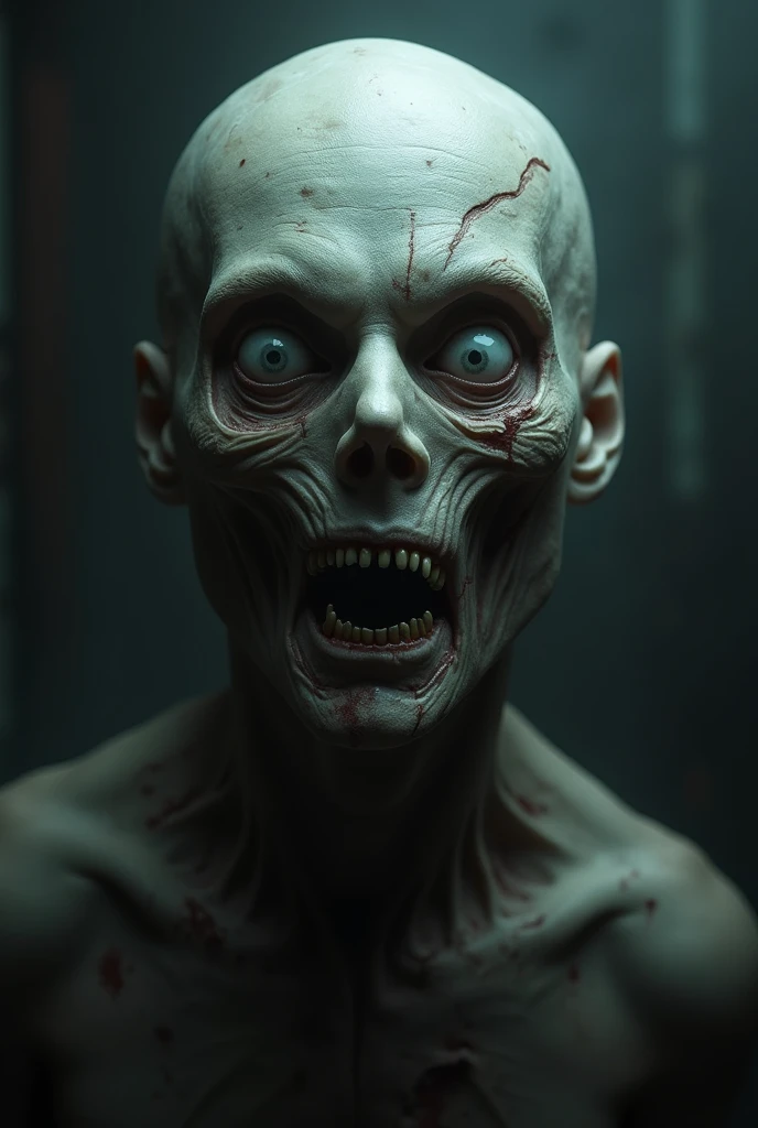 "Create a chilling image of a semi-cadaverous face with decaying features, its skin pale and stretched tightly over the skull. The eyes are wide open, glaring with an unnatural intensity, as if frozen in terror or rage. The face appears almost lifelike yet grotesque, with dark shadows enhancing the hollow, lifeless look. The atmosphere is eerie and unsettling, evoking a sense of dread and horror as if the face belongs to something not quite human."