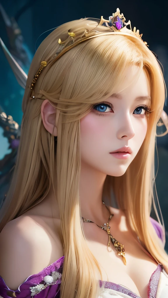 ultra detailed beautiful woman, 25 years-old woman, stunningly beautiful, stylish yellow hair, yellow dress, yellow eyes, her whole head is visible with hair, yellow jewel necklace, earrings, yellow eyeshadow visible on her eyelids and eyeliner on her eyes, very long eyelashes, stuningly beautiful face, focus on face, holographic, light particles, ultra detailed illustration, hit definition, very bold and vivid colors, 32k resolution, best quality, volumetric lighting, “best quality”, “masterpiece", half of her body is visible, top of her dress is visible, ultra realistic, high-quality detail
