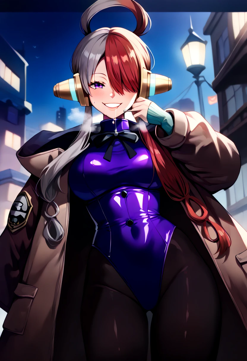 Mature female, Mature, adult, onepieceSong, Song, Long Hair, ( purple eyes:1.1), Gray Hair, Red Hair, multicoloRed Hair, (Cover one eye with hair:1.5), Two-tone hair, Split color hair,  hair ring , villain, Bewitching Smile,  wicked smile,  headphones,  excited , Heat stroke, nsfw, steam, breathe, sweat,  drool,  open coat ,  latex purple leotard under trench coat,  black pantyhose , Chest,  watch viewers ,   knight  town, city, Skyscraper,   knight , dark, Dramatic angle,  A unique perspective , Unique angle, masterpiece, TOP ANIMATION QUALITY ，  best image quality,