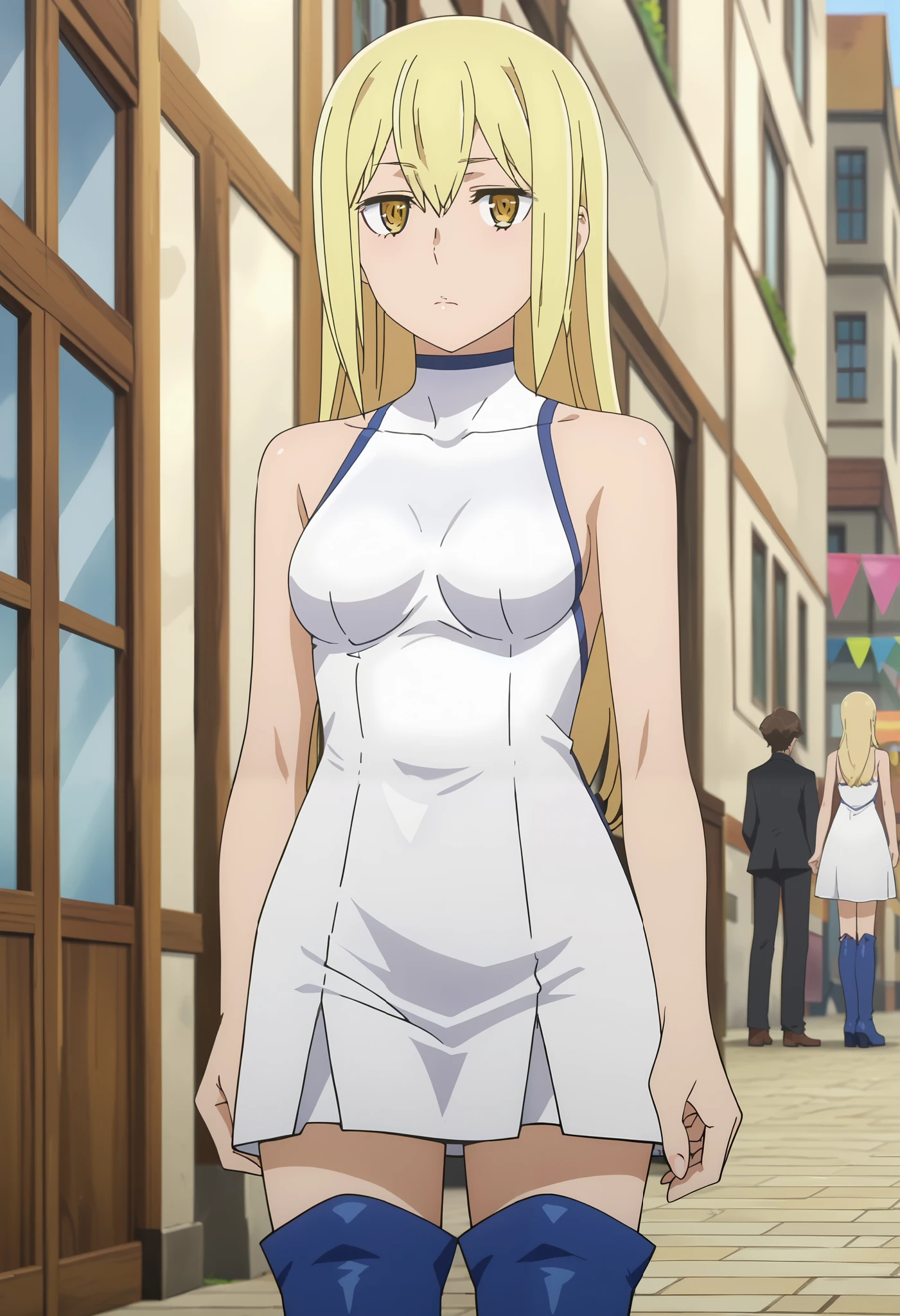 score_7_up, anime screencap,long hair, blonde hair, hair between eyes, yellow eyes,AisCasual, sleeveless dress, white dress, short dress, thigh boots, blue footwear