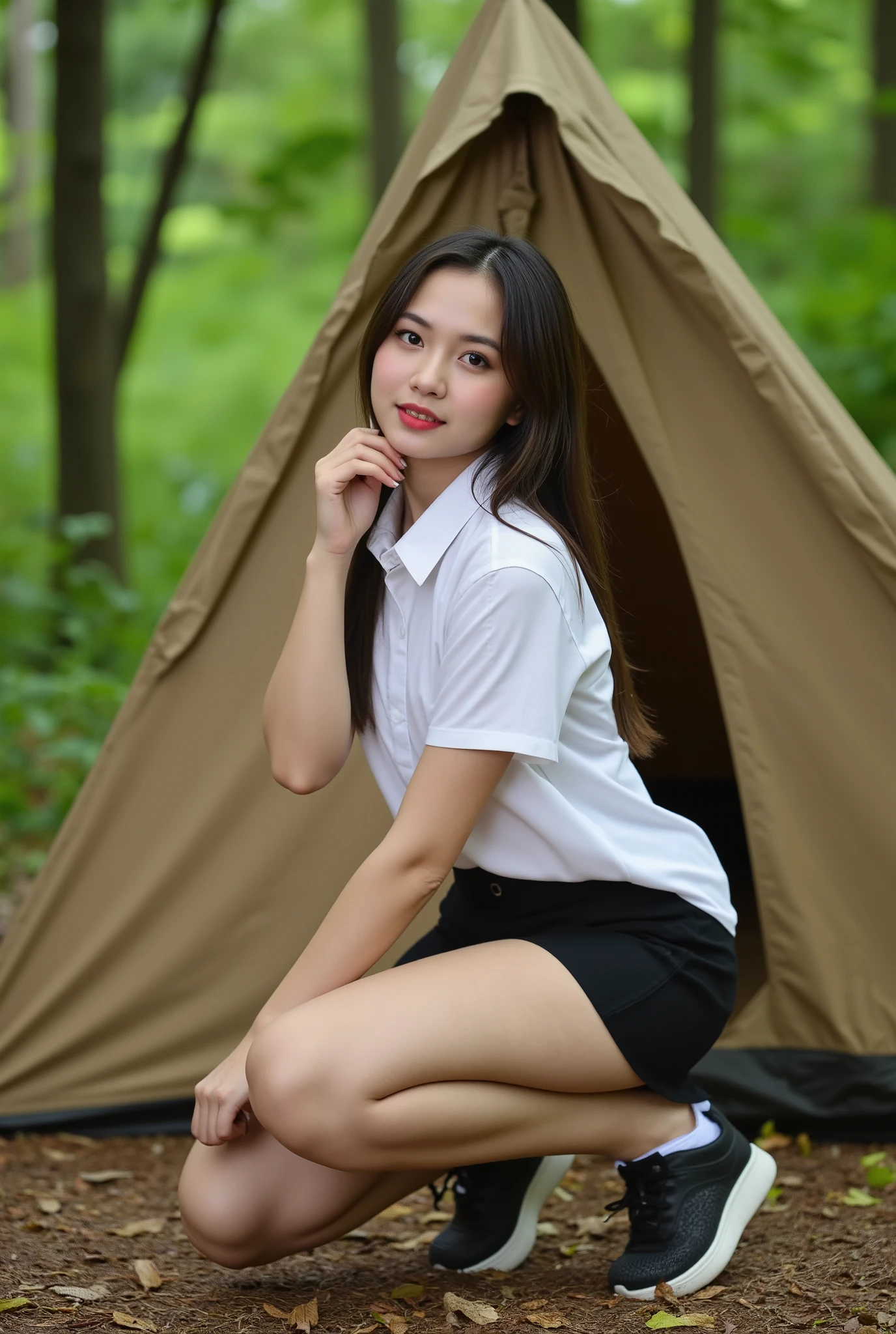A beautiful young woman wearing white shirt and mini skirt black color Thai students uniform, sitting on the ground in front of a camping tent, primeval forest, detailed facial features, beautiful detailed eyes, beautiful detailed lips, extremely detailed face and portrait, long eyelashes, dynamic and charming pose, photorealistic, 8k, highres, masterpiece, studio lighting, vivid colors, bokeh