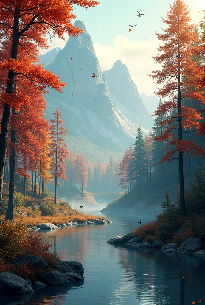Create a autumn landscape, natural ambient, with falling leaves - SeaArt AI