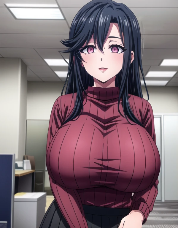 Saori_Autole ,long hair,Saori_Autole ,black hair,(Pink Eyes),A delicate smile,hair between eyes,lipstick,lips,(Sparkling red ribbed sweater:1.1),Sparkling black skirt,( Big Breasts :1.55),(Sparkling,hair),((Alone)),((masterpiece)),(( best quality)),perfect anatomy, Slim Waist , perfect picture, 8K HD Streaming,( beautiful detailed eyes:1.5), very detailed face in light blue underwear, standing ,( upper body:1.25),( look at the front :1.5), tie your hands behind your back , super detailed, absurd,ultra-highres, office room,indoor,