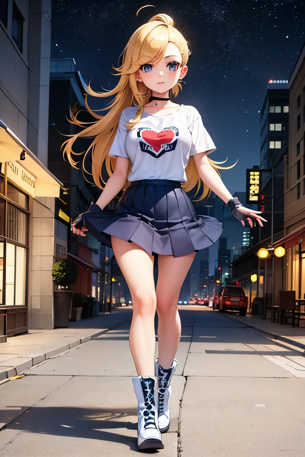 Young woman, age 22, long side bangs, messy hair , long flowing hair, dark blue eyes, blonde with red highlights on hair, ultra lots red stripes on hair, Y2K Revival outfit, thick eyelashes, Baby tee blouse, ultra detailed face, idol, pop idol, pleated mini skirt, hair clips, white short boots, choker,  streets adornments, fingerless gloves, futuristic adornments, lovely, city streets, night, starry night, cute walk