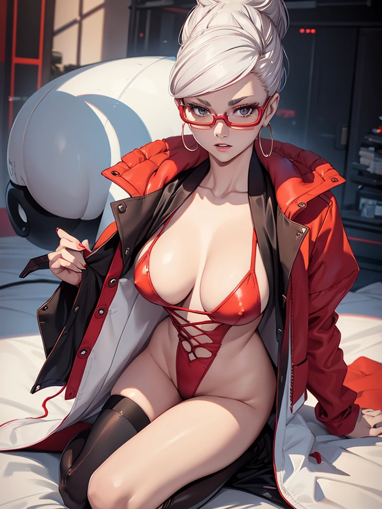 1woman, as a model, wearing a sexy outfit, sexy photoshoot, half naked photography, nsfw, white colour hair, red colour spectacles, 8k, high detailed, high quality, high accuracy, full body