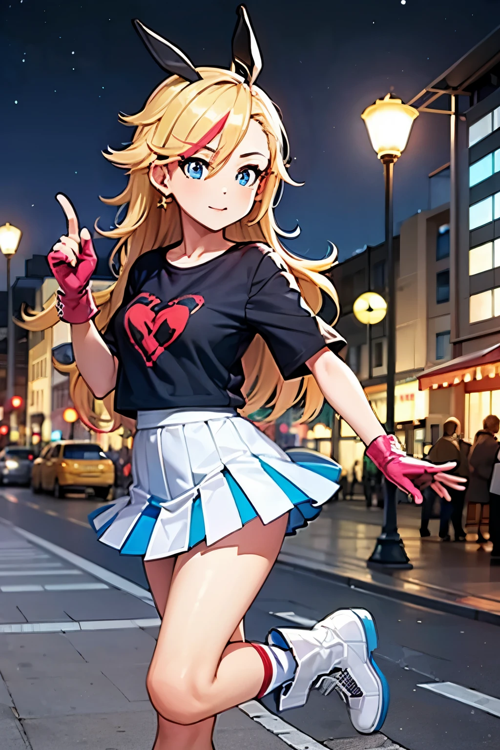 Young woman,  22, long side bangs, messy hair , long flowing hair, dark blue eyes, blonde with red highlights on hair, ultra lots red stripes on hair, Y2K Revival outfit, thick eyelashes, Baby tee blouse, ultra detailed face, idol, pop idol, pleated mini skirt, hair clips, white short boots, choker,  streets adornments, fingerless gloves, futuristic adornments, lovely, city streets, night, starry night, cute walk