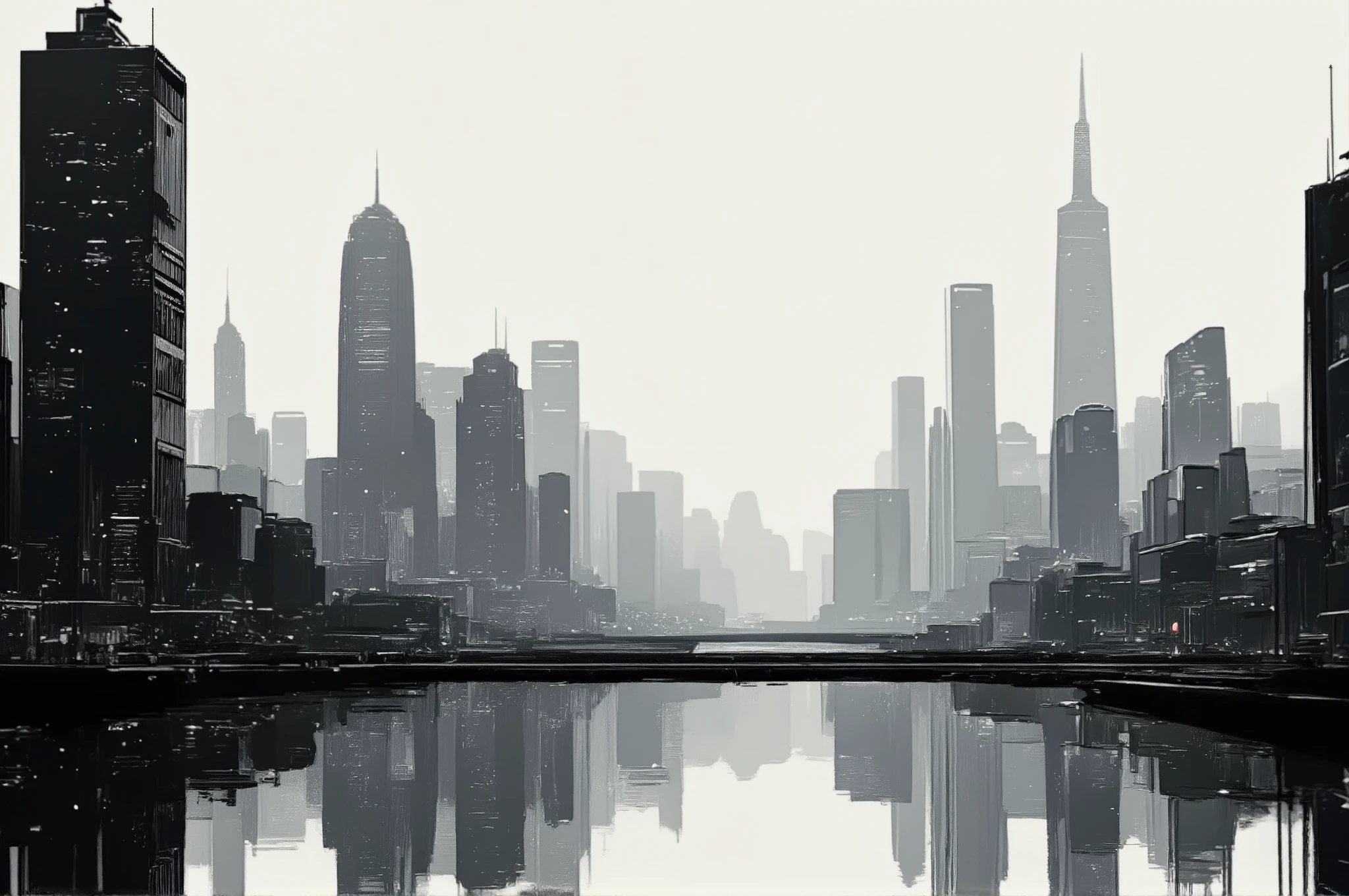 City reflected in the water, Minimalism, modern, Contemporary art, chiaroscuro, silhouette, Retina,  masterpiece, UHD, Accurate, Super detail, high details,  high quality ,  award winning , best quality, highres, 1080P, HD, 16K