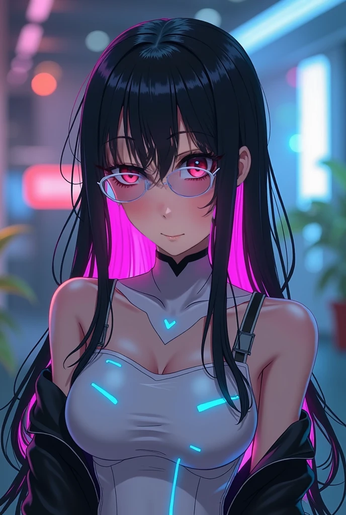 <lora:edgNeonBabes:0.8> edgneonbabes, neon lights, glowing, black and red theme,, ultra detailed, masterpiece, best quality, aesthetic, detailed,, solo, smug smile, 1girl, purple eyes, red-framed eyewear, (black hair, red colored tips:1.2), red streaked hair, very long hair, side ponytail, tied hair, medium breasts,