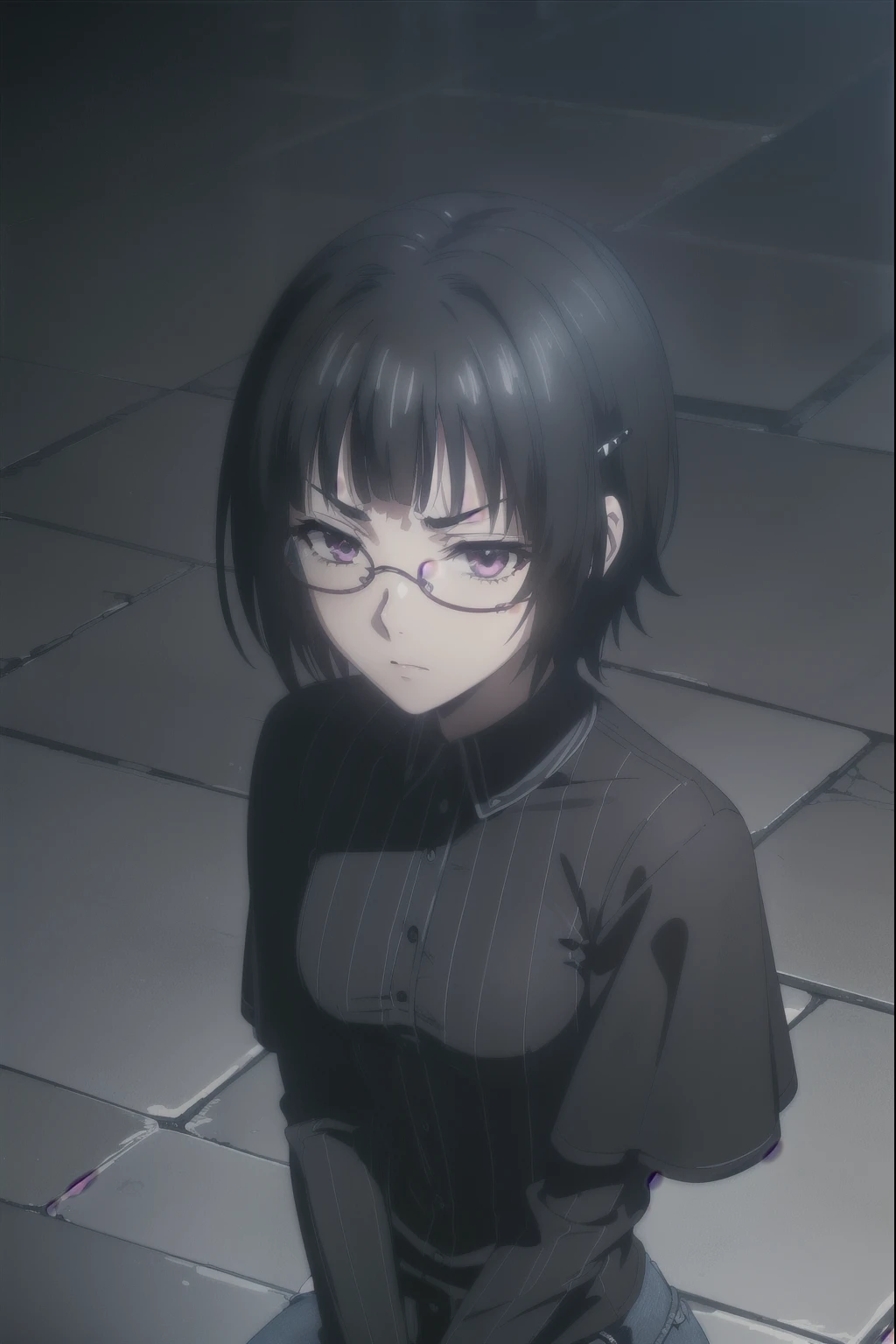 sounasitri, souna sitri,  short hair ,  black hair ,  hair ornament, glasses, hairclip, blows, blunt blows, ( purple eyes:1.1),
( masterpiece:1.2),  The best quality ,  High resolution, 8K Wallpaper, ( illustration:0.8), ( detailed and beautiful eyes :1.6),  extremely detailed face ,  perfect lighting ,  extremely detailed cg, ( perfect hands ,  perfect anatomy ), ( masterpiece:1.2),  style better quality, ( illustration:1.2), (ultra detailed), high-detailed, (delicate detailed), (intricate details), ( movie light,  style better quality Backlights), Erase line , soloist,  perfect body , (1 girl),  An emotional anime  ((( Annoyed gothic girlfriend with a torn black t-shirt and broken dark blue jeans)))  Looking for comfort and support ,  Looking up at the night sky with tears in my eyes . "I need you , no,  I don't want anyone but me to please you through thick and thin , I promise you,  I'll never leave you and I'll make an effort every day to come and see you ,  OK , bae? I need you , I need you .", (make up),  high contrast, (better lighting,  an extremely created and beautiful ), ( movie light), showy,