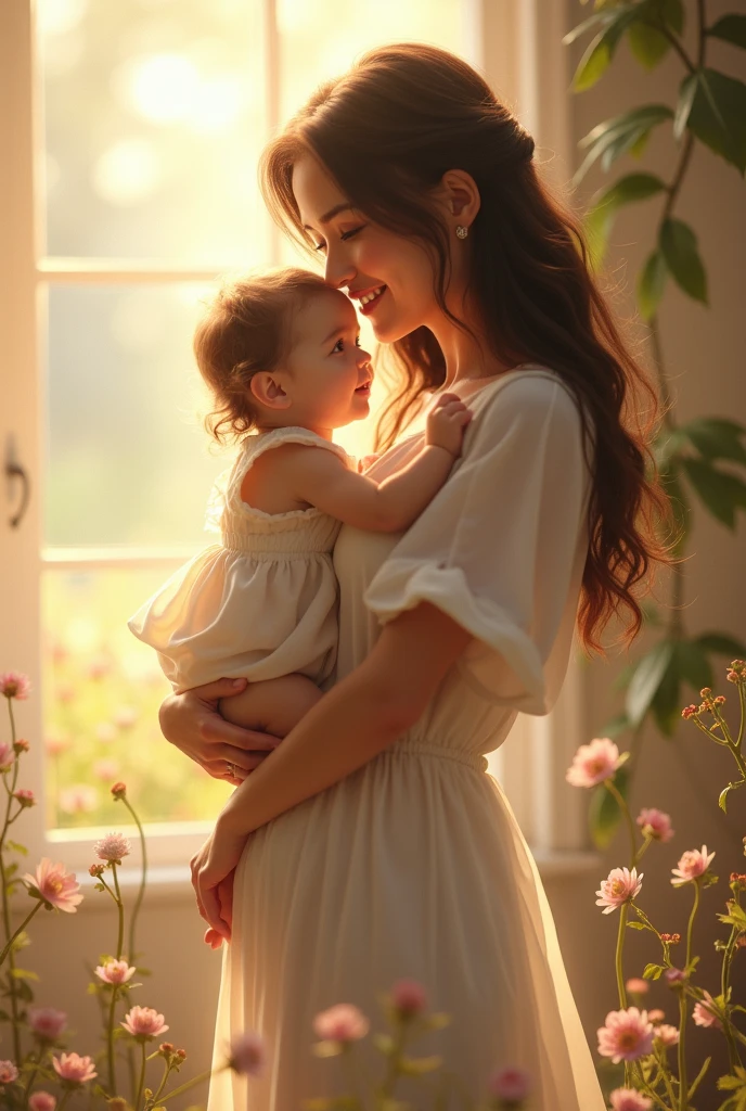 1 Girl, Beautiful, Russian Baby Face, 20 Years Old, White Skin, Casual Outfit, Top of The Mountain Background, ((wind:1.3)), Kissing, ((bokeh:1.3)), Carrying Baby Girl, Perfect Body Anatomy, ((adorable:1.1)), ((masterpiece:1.1)), ((bluesky:1.1))