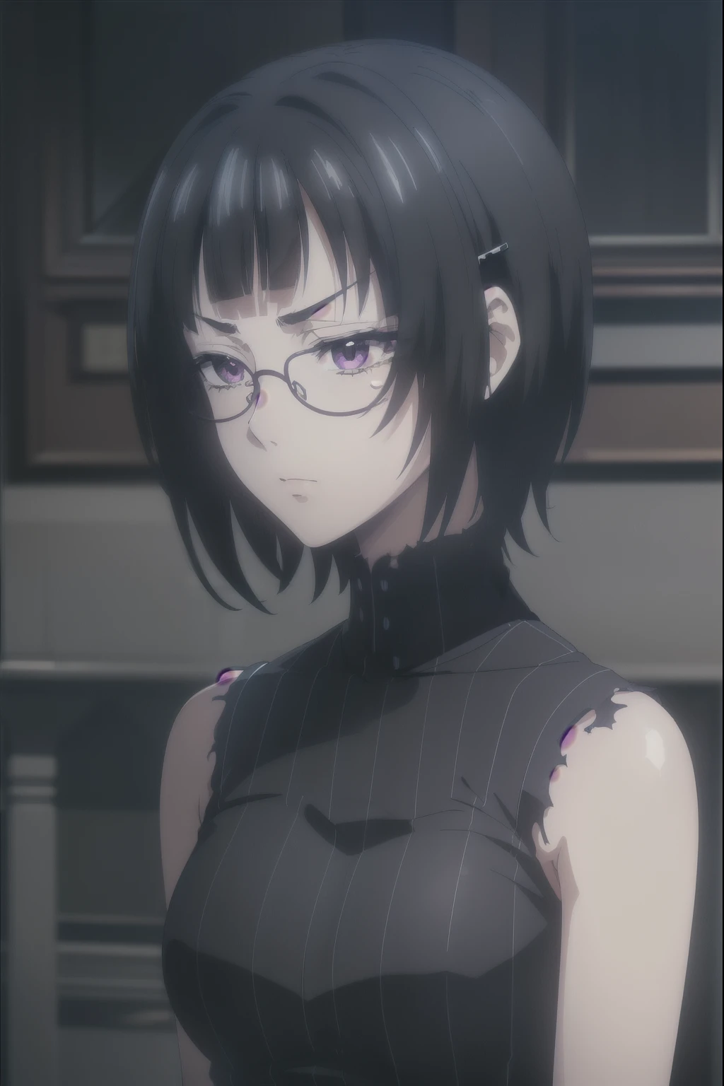 sounasitri, souna sitri,  short hair ,  black hair ,  hair ornament, glasses, hairclip, blows, blunt blows, ( purple eyes:1.1),
( masterpiece:1.2),  The best quality ,  High resolution, 8K Wallpaper, ( illustration:0.8), ( detailed and beautiful eyes :1.6),  extremely detailed face ,  perfect lighting ,  extremely detailed cg, ( perfect hands ,  perfect anatomy ), ( masterpiece:1.2),  style better quality, ( illustration:1.2), (ultra detailed), high-detailed, (delicate detailed), (intricate details), ( movie light,  style better quality Backlights), Erase line , soloist,  perfect body , (1 girl),  An emotional anime  ((( Annoyed gothic girlfriend with a torn black t-shirt and broken dark blue jeans)))  Looking for comfort and support ,  Looking up at the night sky with tears in my eyes . "I need you , no,  I don't want anyone but me to please you through thick and thin , I promise you,  I'll never leave you and I'll make an effort every day to come and see you ,  OK , bae? I need you , I need you .", (make up),  high contrast, (better lighting,  an extremely created and beautiful ), ( movie light), showy,