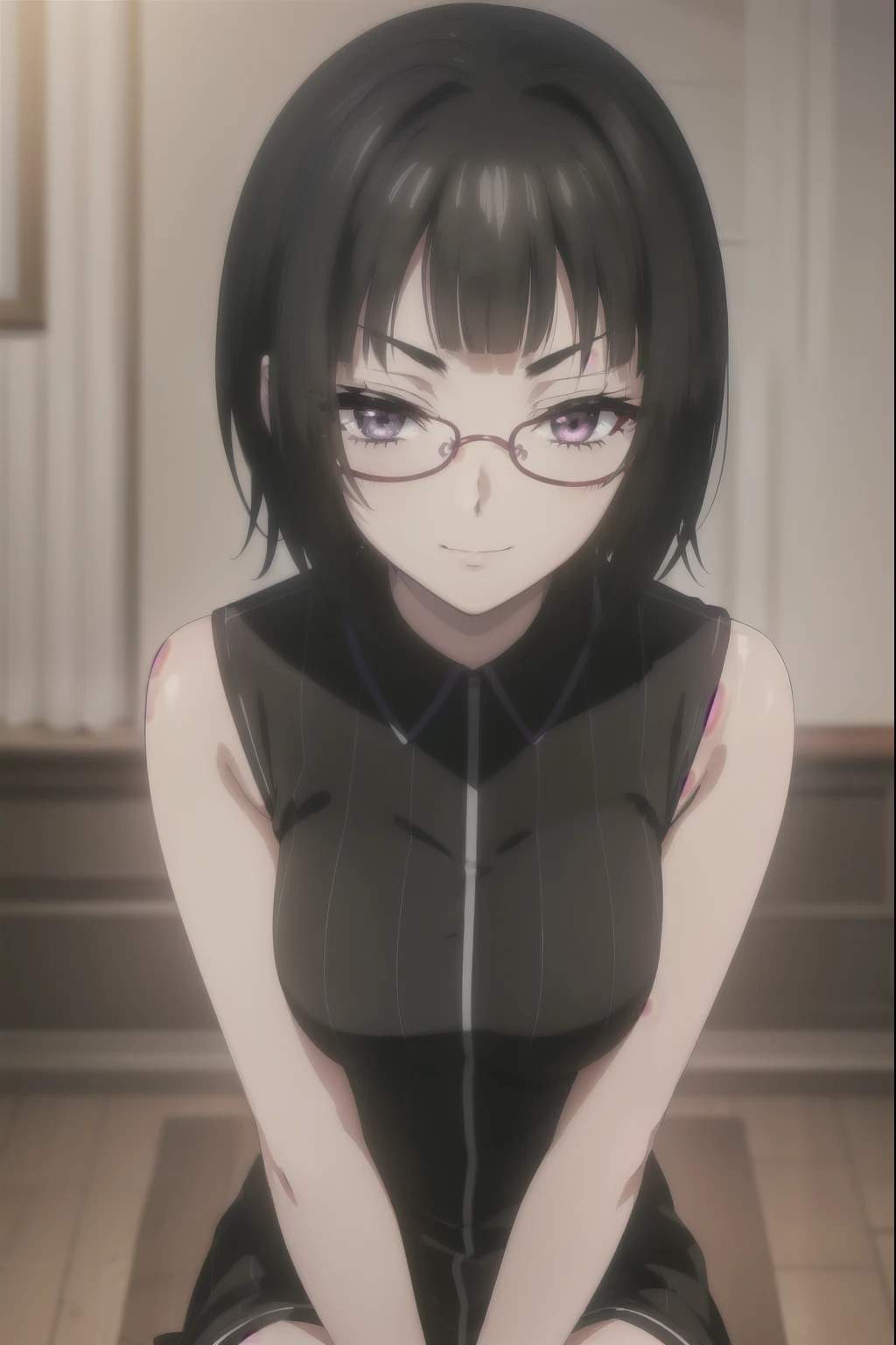 sounasitri, souna sitri,  short hair ,  black hair ,  hair ornament, glasses, hairclip, blows, blunt blows, ( purple eyes:1.1),
( masterpiece:1.2),  The best quality ,  High resolution, 8K Wallpaper, ( illustration:0.8), ( detailed and beautiful eyes :1.6),  extremely detailed face ,  perfect lighting ,  extremely detailed cg, ( perfect hands ,  perfect anatomy ),  masterpiece,  The best quality , highres, aajusticia , long hair,  black hair,  dark skin, tan,  bare shoulders ,  black dress,  session,  crossed legs , smile irónica, smile, inside