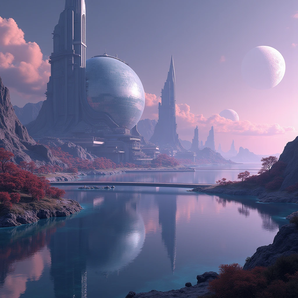  incredible city of the future on another planet ,  unusual futuristic skyscrapers , strange structures , glass domes , on the hip of the night terrestrial sea with a slight purple tint, amazing city reflection , stars in the sky ,  and 3 different alien moons ,  strange alien trees , amazing reflection in the sea ,  almost no waves , supreme detail , photorealism , settlement city on another planet ,