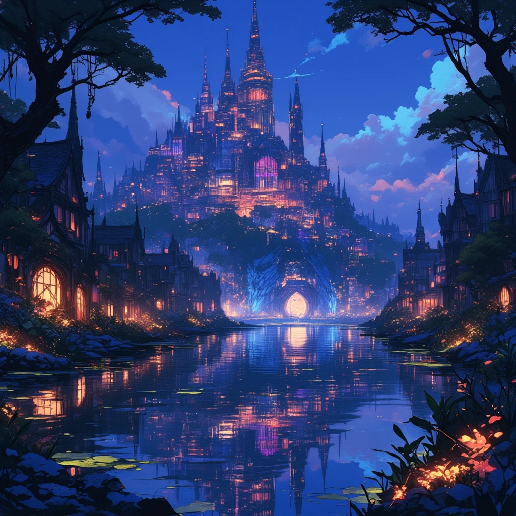 Clear 16-bit pixel wide water surface with a reflection of an elven fantasy city at night, intricate multicolored spires, giant rune gates, exotic flora.
