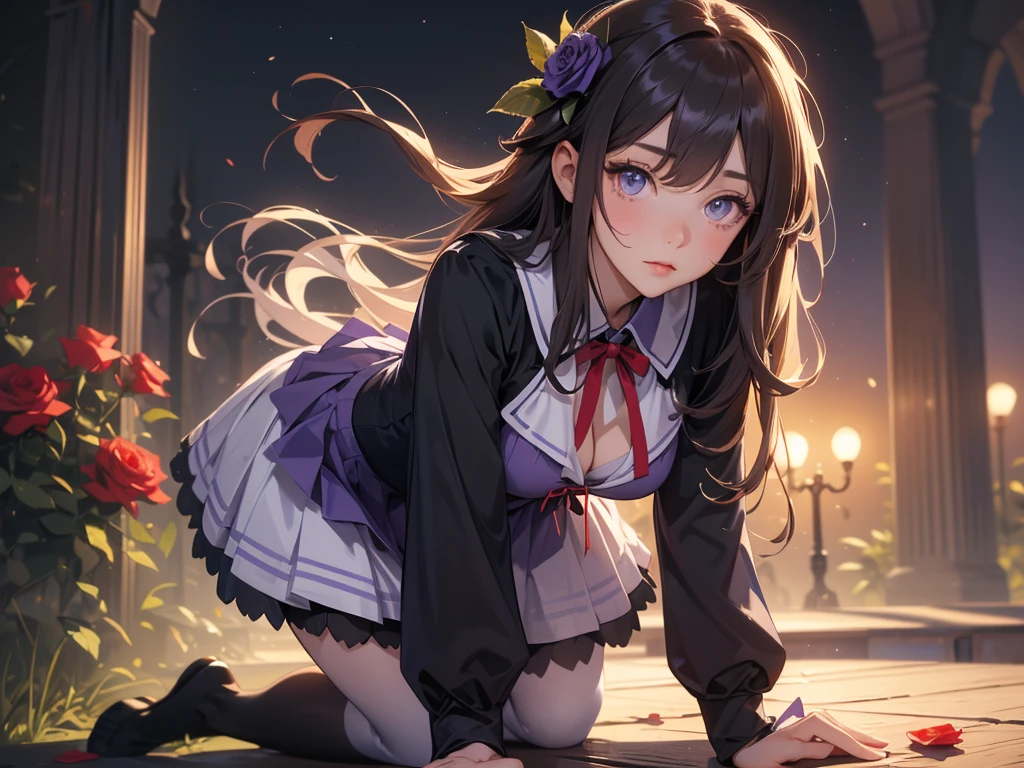 Alone, Young girl, Human ears, Obese, ( Large red ribbon tied at the back of the head, Vertical curled hair, Flower in hair ), (( Ruffled purple long skirt, Purple high waisted dress, Long sleeves, Black tights, Black knee-high socks ) ), ( Evening, Red rose garden in the evening, Surrounded by many red roses in the evening ), ( Ahegao ), ( Leaning forward, Leaning posture, On all fours, Kneeling ), ( Retina, Masterpiece, Correct, Anatomically correct, Textured skin, Ultra detailed, High resolution, High quality, Award, Best high quality, High resolution ),