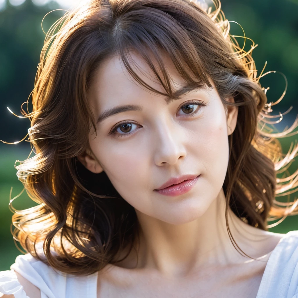 Beautiful mature woman with beautiful wavy long hair, Mature Woman , face close-up, ultra high resolution,(Realistic:1.4), (( best quality)), ((masterpiece)), (be familiar with),