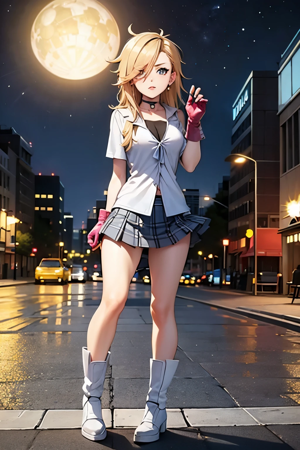 (Biologically correct limb count),Full body, including face,4K,Focus on the masterpiece face,Well-proportioned facial features,Delicate descriptive eyes,One beautiful woman,(Latex shirt,red jacket, red plaid skirt), (Grin), looking at the camera, walking, ((High heels)), (Thick fog all around,Street lights in the morning mist))