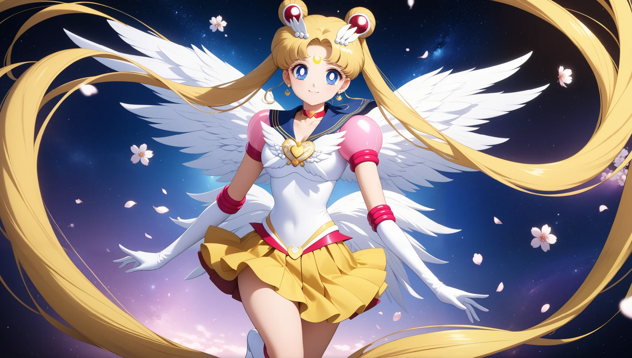 (masterpiece, best quality, very aesthetic, ultra detailed), intricate details, 4k, aausagi, long hair, double bun, twintails, hair ornament, parted bangs, forehead mark, earrings, blue eyes, wings, heart choker, blue sailor collar, heart brooch, white shirt, puffy short sleeves, elbow gloves, white gloves, yellow skirt, layered skirt, smile, knee boots, white footwear, white cherry blossoms printed, smile, detailed galaxy in space background, full body in jump, intricate details, black night