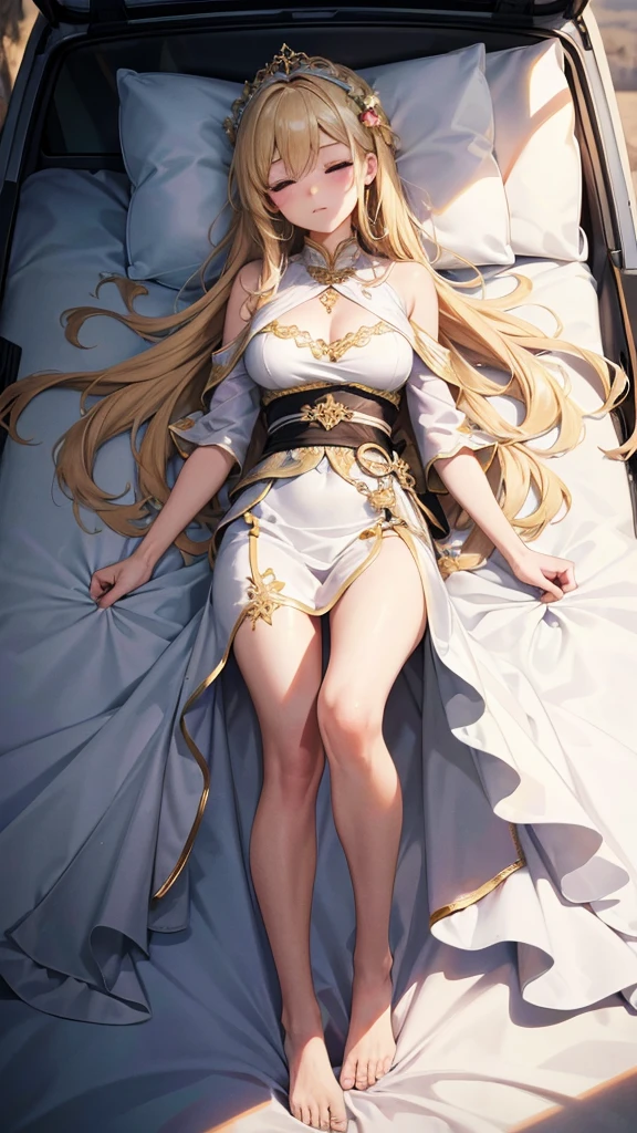 ((masterpiece)), best quality, ultra detailed,(1girl), long hair,beatiful background ,((a dress with white stockings on garters)), breasts, curvy body,lying, looks to the side, worried face,shows the ass,