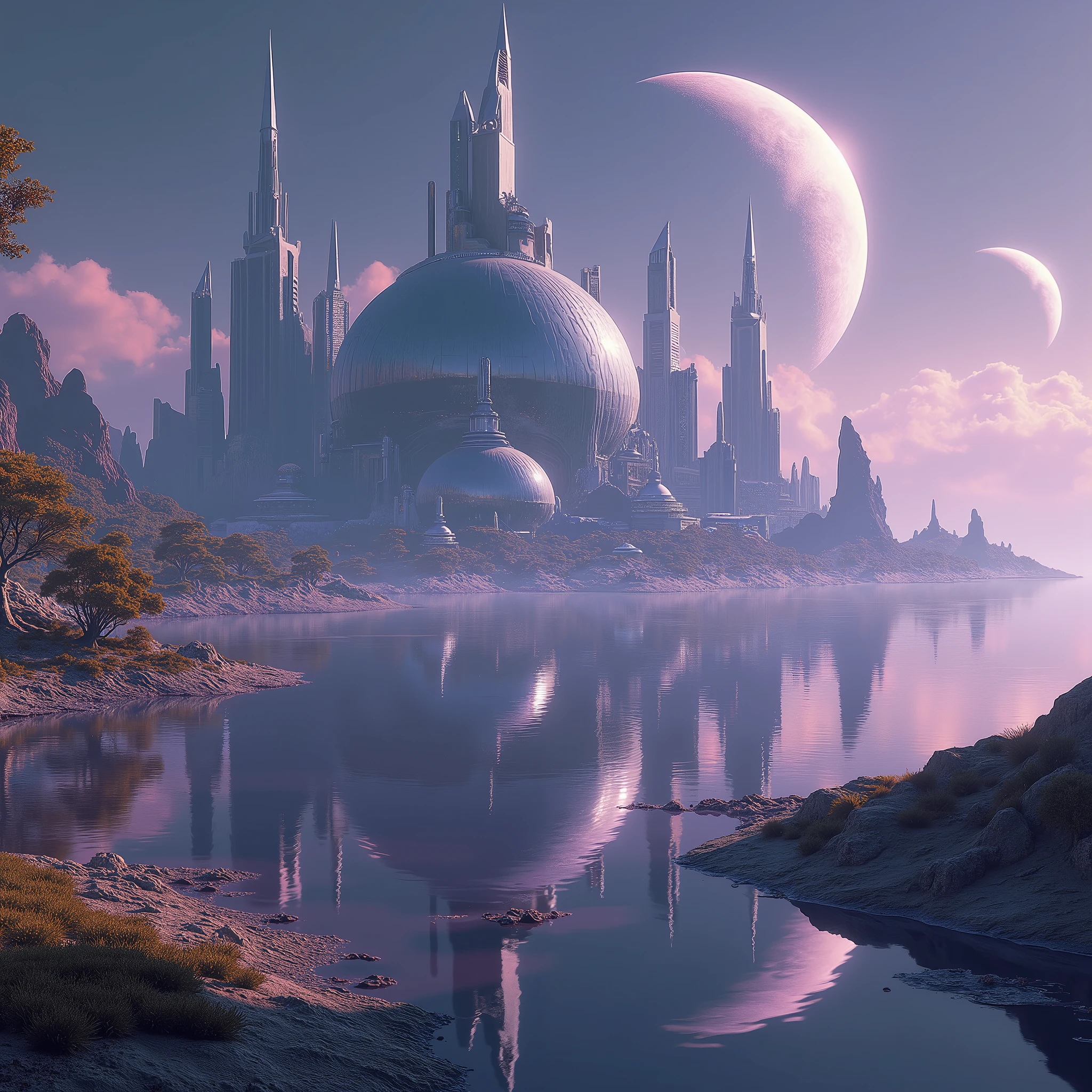  incredible city of the future on another planet ,  unusual futuristic skyscrapers , strange structures , glass domes , on the hip of the night terrestrial sea with a slight purple tint, amazing city reflection , stars in the sky ,  and 3 different alien moons ,  strange alien trees , amazing reflection in the sea ,  almost no waves , supreme detail , photorealism , settlement city on another planet ,