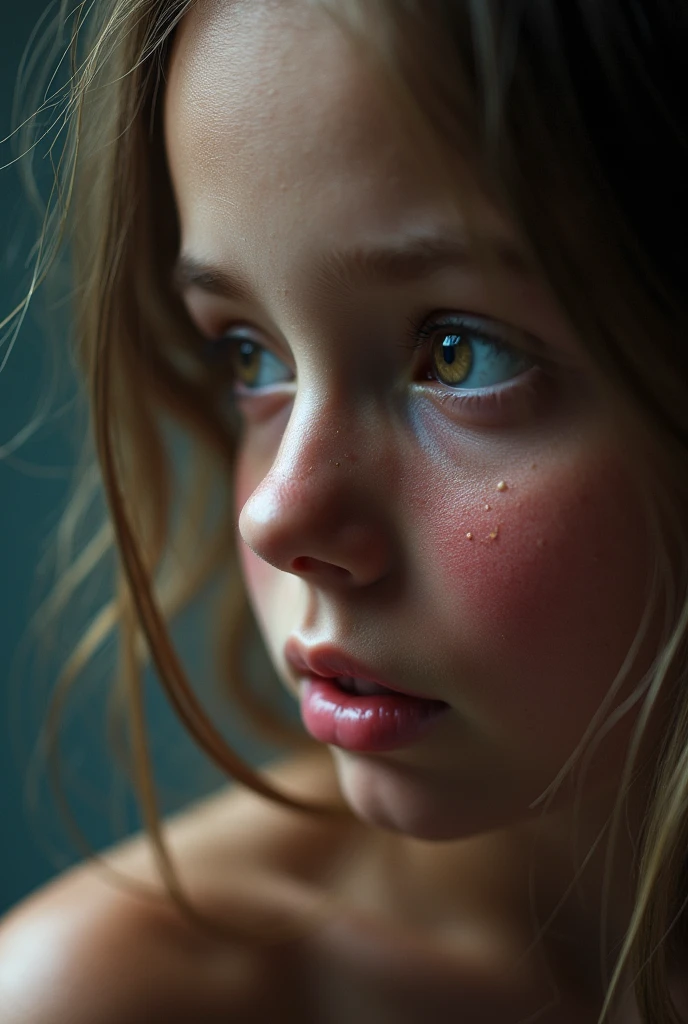 Photo of a 15 year old European girl, .CRU, Handsome man, (short hair with blonde bangs falling over her blue eyes dark blonde hair) full of bruises on the face, sad smile , big sad eyes, ((portraite)), ((rosto detailded:1.2)), ((detailed facial features)), (finely detailed skin) reflectors, (tabletop) (perfect proportions)(Realistic Photos)(the best quality) (detailded) photographed with a Canon EOS R5, 50 mm lens, f/2.8, nffsw, (8k) (wall-paper) (cinematic lighting) (dramatic lighting) (sharp focus) , inside a dark room looking at the camera , bright look