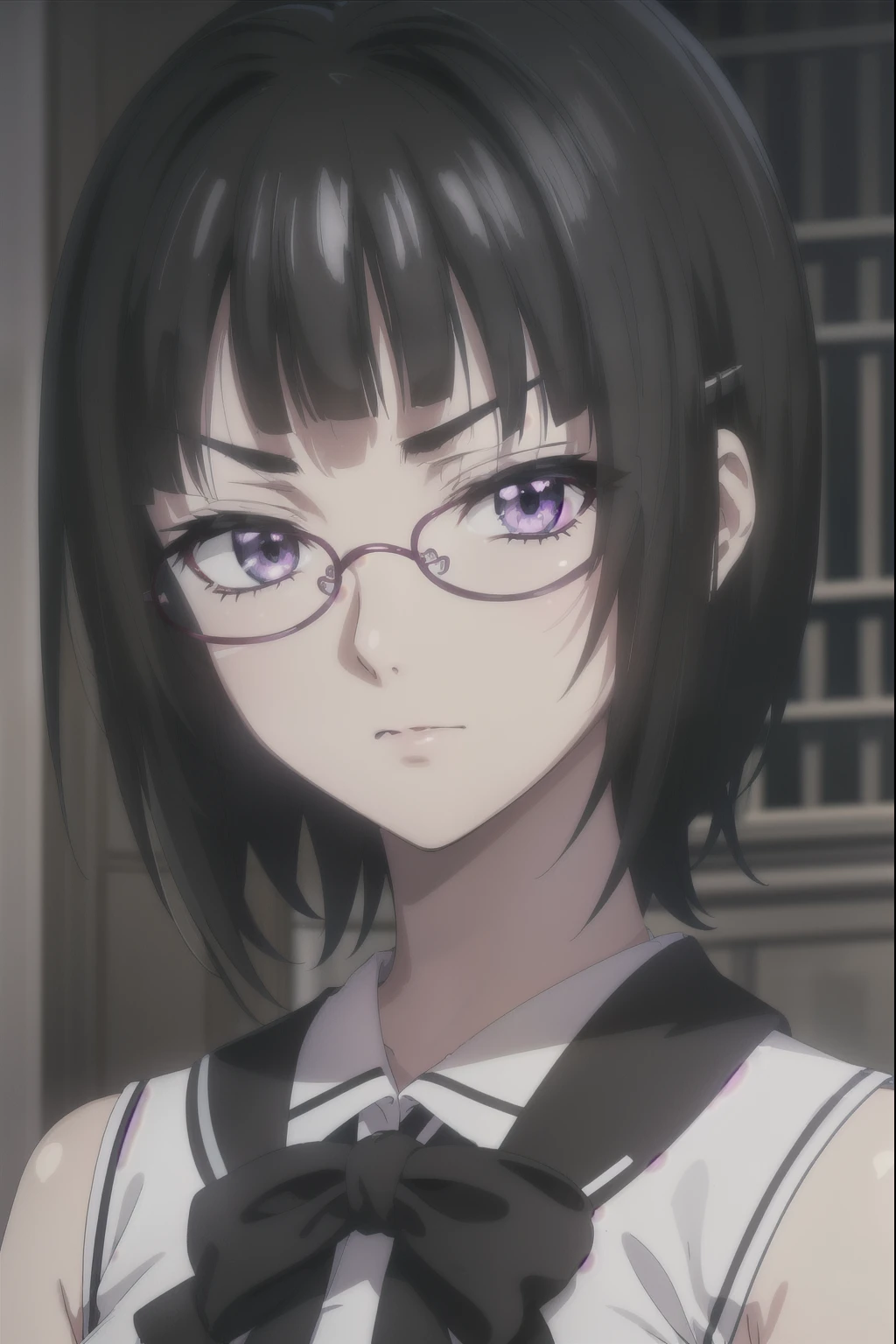 sounasitri, souna sitri,  short hair ,  black hair ,  hair ornament, glasses, hairclip, blows, blunt blows, ( purple eyes:1.1),
( masterpiece:1.2),  The best quality ,  High resolution, 8K Wallpaper, ( illustration:0.8), ( detailed and beautiful eyes :1.6),  extremely detailed face ,  perfect lighting ,  extremely detailed cg, ( perfect hands ,  perfect anatomy ), adolescent, girl, Detailed, Blue eyes,  black hair, long hair,  left side fringe ,  covers left eye bangs, lily bracelets ,  sleeveless black t-shirt , white skirt,  black socks ,   blue sleeves  , torn clothes. 