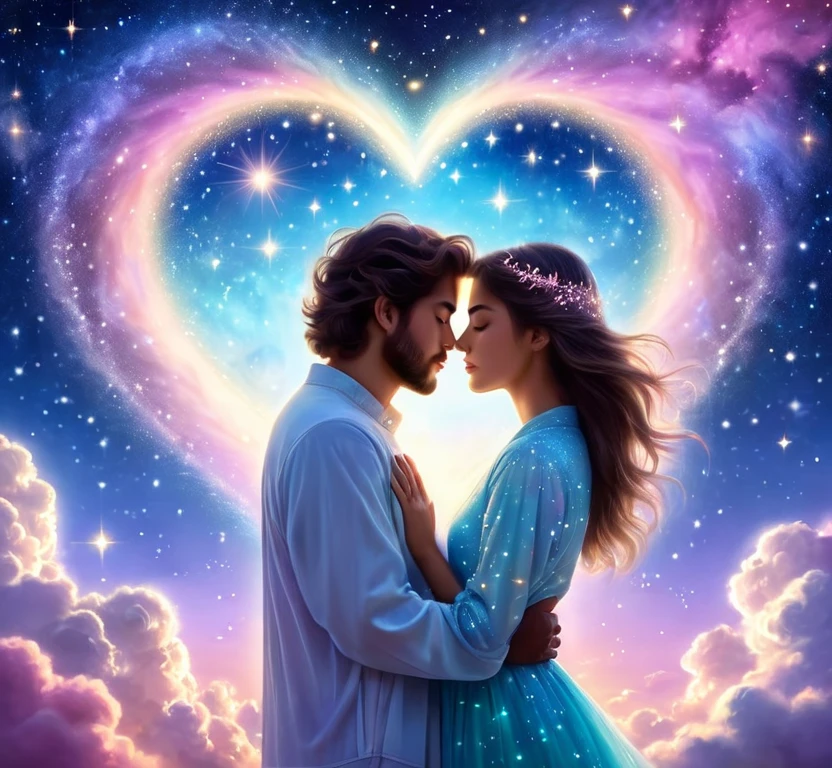 Soft painted sky full of stars, a distant glowing heart is painted in clouds, pastel glitter, cosmic divinity, astral travel, twin soul couple, infinite love, universe, love within the soul