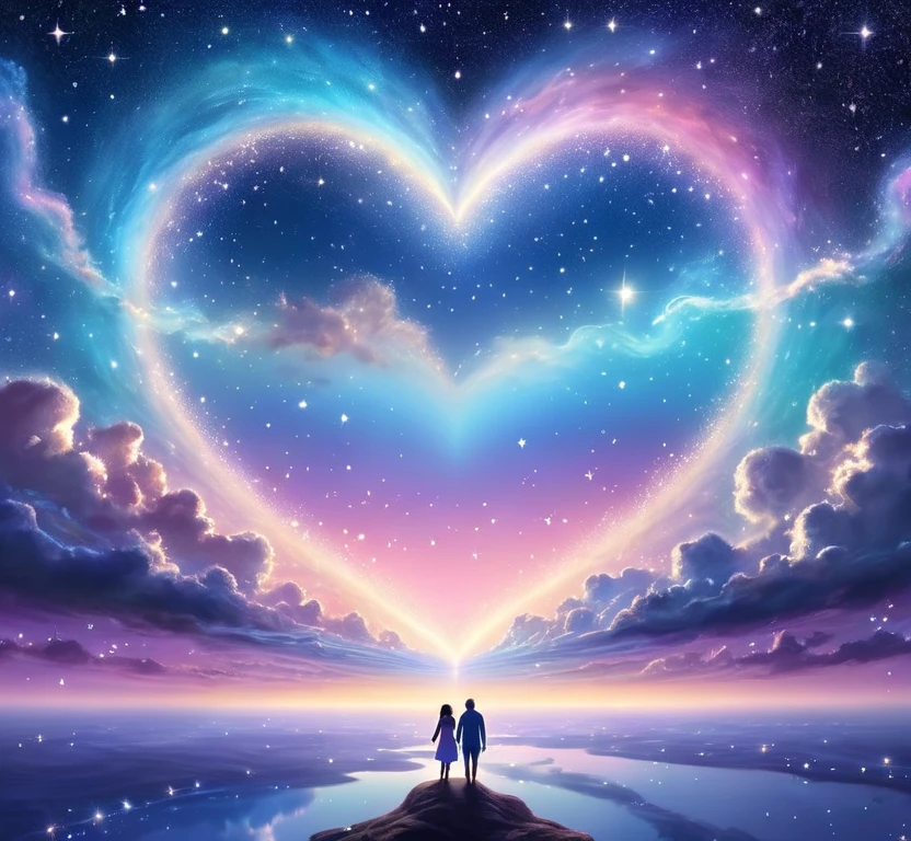 Soft painted sky full of stars, a distant glowing heart is painted in clouds, pastel glitter, cosmic divinity, astral travel, twin soul couple, infinite love, universe, love within the soul