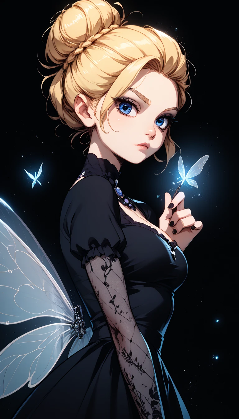  High resolution , highy detailed,  perfect lighting ,  detailed and beautiful eyes ,   trunk,  black background, 1 , Alone,  Looking at the viewer,   Tinker Waifu,  magic particles  ,   tilted forward ,  medium breasts , narrow waisted, Mischievous Fairy Wings, Blonde hair, blue eyes,  Gothic, black dress, ombré, Sensual,  hair bun , Style,  Looking at the viewer, 