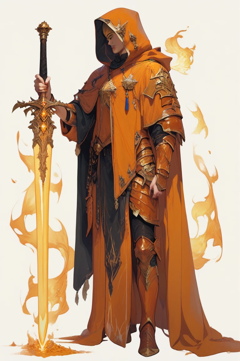 arm0rs3nt1n3l, orange armor, gold details, fire sword, hooded cape, full body, white background