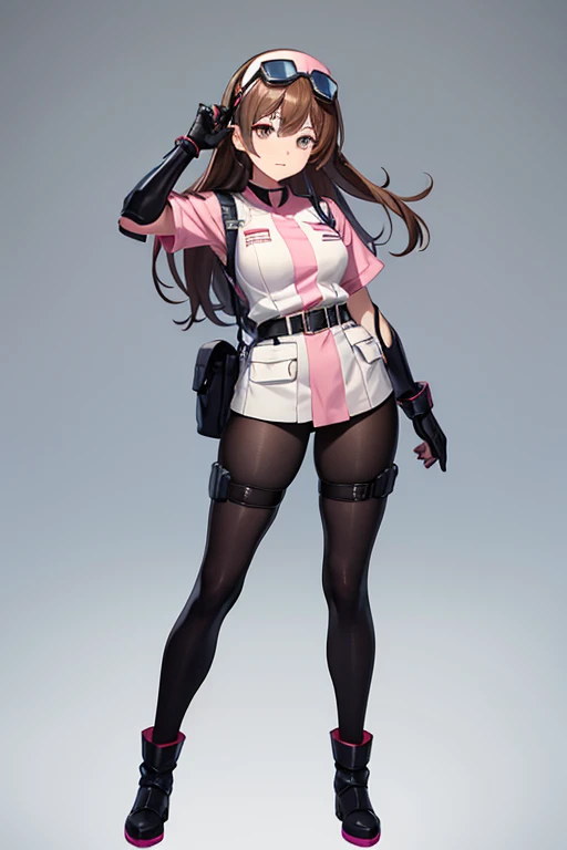  anime picture 、 full body portrait、Modern Pilots、Background blank、Female pilot standing about 175 cm tall, 28 years old, wearing a light pink nurse uniform、Wearing bulletproof goggles on his head、 wearing black tights covering the lower body 、 boots、 hairstyle is semi-long 、Brown Hair、 sharp eyesight 、Dark Eyes、Wearing a belt pouch、Wearing leather gloves、Elbow Armor、Shoulder Armor、Knee Armor