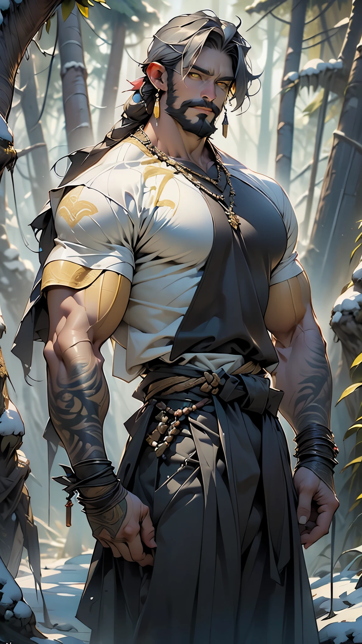 (((bull’s head man))),A bull-faced man with his arms crossed,(((mythological minotaur))),(((horns))),((exaggerated muscles,exaggerated shoulders,very muscular and huge)),man chest,(((bull face))),((((muscular,hairy body,muscular bull man,tall,big biceps,abs,big thighs,broad shoulders,open chest)))),animal man,(anthro furry:1.2),((Old)),(shaman),((silver hair)),(((yellow_eyes:1.3))),intricate eyes,beautiful detailed eyes,symmetrical eyes,((Long tangled white beard)),
Genetic mutation of a half man half minotaur,
Man with an imposing bull's head adorned with ((spiraling horns)) and deep, athletic, The bull's skin is dark brown and covered with a fine,
rich woodland beads and leather bound jewelry with a gnarled and intricately carved staff, a touch of vibrant colour to his garbs woven in,
Wear jade ornaments around the waist,(black linen tunic, himation),((bulge in tunic)),(loincloth),((tribal clothes:1.5)),((intricate outfit,intricate clothes)),
((snowy pine forest)),winter,scenery:1.25,((intricate scenery)),((snow forest background)),(Glossy winter ornaments),
highres,sharp focus,(ultra detailed,extremely detailed),(photorealistic artwork:1.37),(extremely detailed CG unity 8k wallpaper),(((vibrant colors,vibrant theme))),(intricate),(masterpiece),(best quality),artistic photography,(photography taken by sldr),(intricate background),perfect rendered face,perfect face details,realistic face,photo realistic,((intricate detail)),(((realism))),Deep Colors,dark fantasy art,