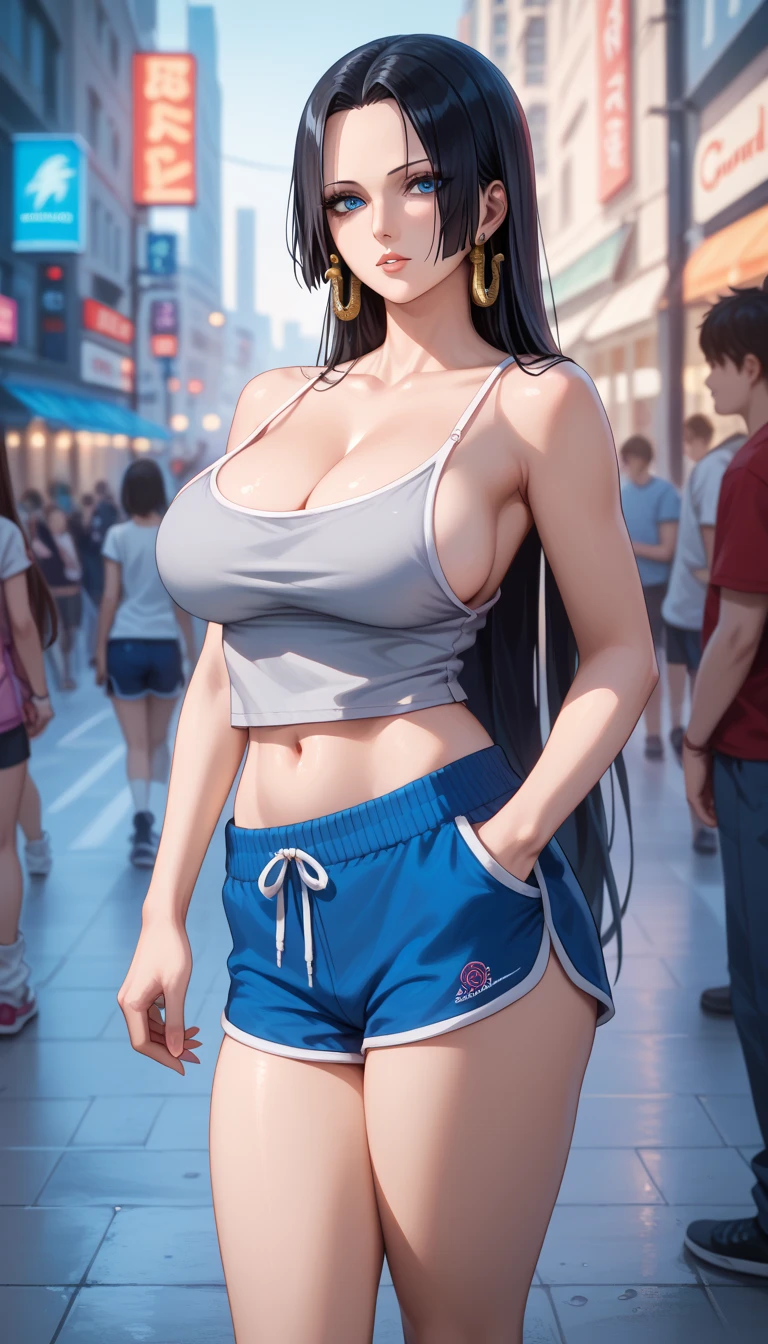 Milf, motherly, Fitgirl, Score_8_up, Score_7_up,  break, Best Quality, Beautiful Skin, Boa Hancock, Black Hair, blue eyes, Long Hair, forehead, Large Breasts, Staring at the viewer, loose grey camisole, side boob, navel, cleavage, collarbone,bare shoulders, Balck dolphin shorts, hand on pocket, Socks, long loose socks, city view at midnight, standing in the crowd, blurry backgrounds, Sensual pose In the middle of the red light,