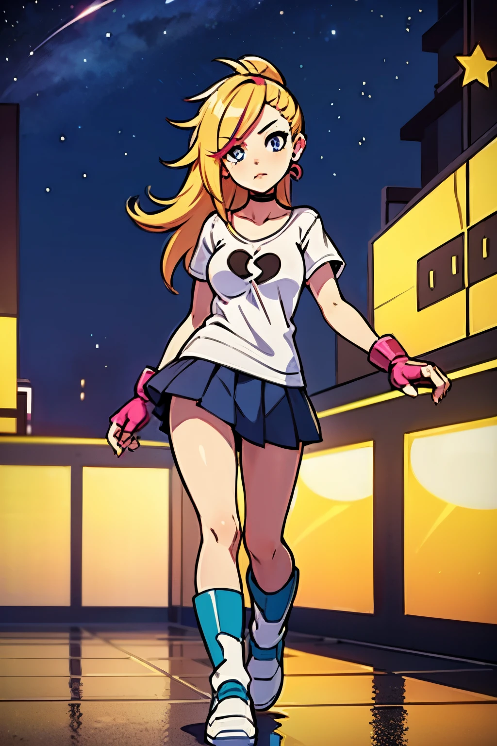 <lora:AnnTakamakiPersona5:1> anime illustration, best shadows, crouching, nighttime, city background, starry sky, (red bodysuit:1.1), zipper, hand on hip, ann takamaki [persona], 1girl, confident expression, blonde twintails, blue eyes, hearts, medium breasts, pink gloves, cleavage, looking away