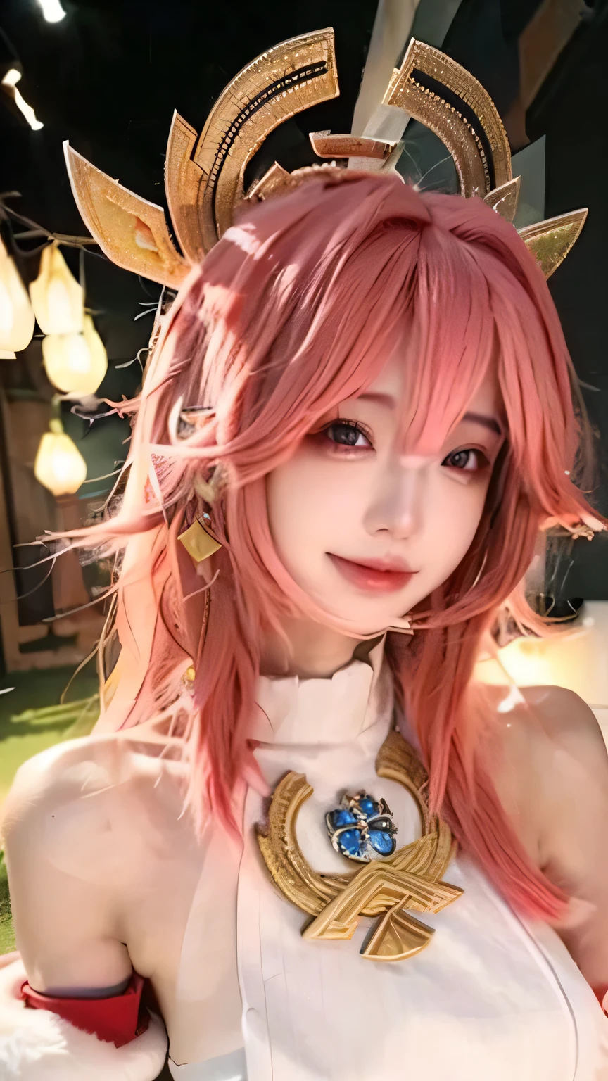 best quality, masterpiece, highres, 1girl,,yae miko from genshin impact cosplay,hair ornament,necklace, jewelry,Beautiful face,sweet smile,cute,upon_body, detailed anatomy, perfect anatomy, perfect body ratio, half body looks, close up, tyndall effect,photorealistic, dark studio, rim lighting, two tone lighting,(high detailed skin:1.2), 8k uhd, dslr, soft lighting, high quality, volumetric lighting, paparazzi, Photograph, high resolution, 4k, 8k, Bokeh, outdoor background