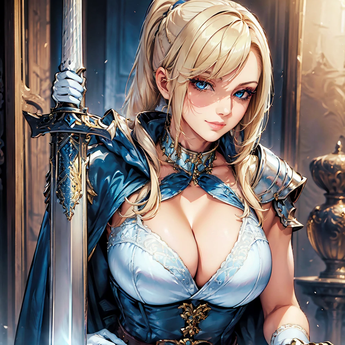 masterpiece,best quality,(Beautiful woman),Cool face,blonde hair, ponytail,blue eyes,sharp bangs,slanted eyes,small eyes,(glare:1.0),(light smiles),(cleavage:1.3),(detachable collar),cloak with a stand-up collar,collarbone,bare skin,Collared Neckwear,medium bust,(knight),knight corset,knight belt,(cape),coat,arm sleeves,white gloves,(upper_body),(gripped the hilt of a western sword:1.3),(blue color costume),