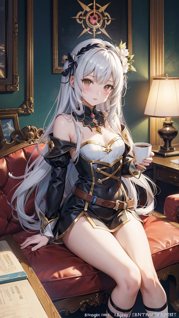 Woman knight、a beauty girl、huge tit、Excellent style、Nice Buddy、glamorous、leotard、s Armor、Bra chest armor、knee boots、gauntlets、hair adornments、silber hair、Longhaire、Ahoge、、is standing、full body seen 、Medieval city、Sitting on a chair、legs crossed、Eyes closed、Mouth open、a smile