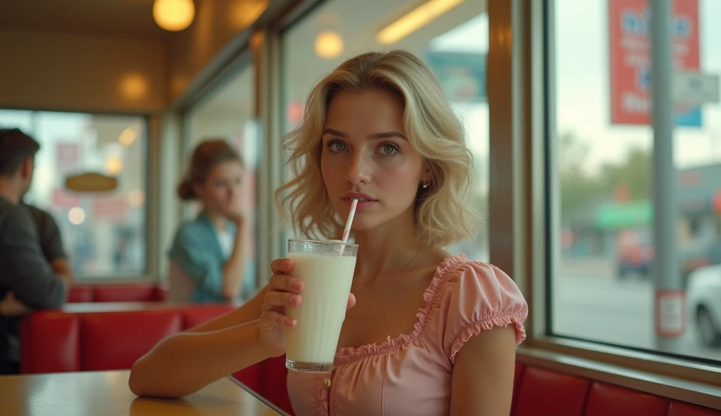 blonde girl, in a diner, 80s, movie, cinematic, fog, rainy windows, whole body, full body, sitting, booth, iso noise, cloudy, Fujifilm X-T4, Sony FE 85mm f/1.4
