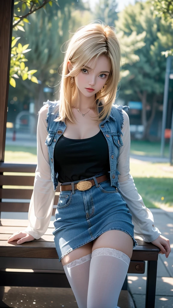 One girl,  Android 18, Blonde,  pretty and sexy girl, She wearing light blonde hair, Medium length shaggy cut hair, She have Very large breasts bouncing, Wearing a very short blue H-line denim skirt, Wearing a medium size of denim vest, The denim skirt and denim vest colors match, She Wear long sleeves, It has long sleeves with black stripes at regular intervals on a white background, She wears flesh-colored illusion pantyhose, The pantyhose she wears look like brown stockings, She wore pantyhose and wore white panties over them, wearing a women's Western cowboy-belt, wearing women's Western cowboy-boots, wearing a black t-shirt that exposes deep cleavage, No bra, breast areolas outside a black T-shirt, clearly exposed, She is sitting on the bench, She holds the lower part of her right thigh with one hand, Raises her right thihh, She puts her raised leg on the side of the bench, Her legs are spread, So the denim skirt is pushed up her thigh, The shiny white panties above the pantyhose she is wearing are visible thanks to the raised denim mini skirt and her right thigh, Her panties are slightly visible, She gives me a tempting look, Full of anticipation, She winks with her left eye, boldly and fascinatingly winks her left eye and stares at me intently, bench, outdoor park, four trees around, clear sky, masterpiece