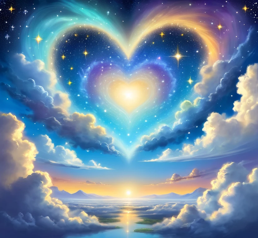 Soft painted sky full of stars, a distant glowing heart is painted in clouds, pastel, cosmic divinity, astral travel, infinite love, universe, love within the soul, wow, awe inspiring bliss