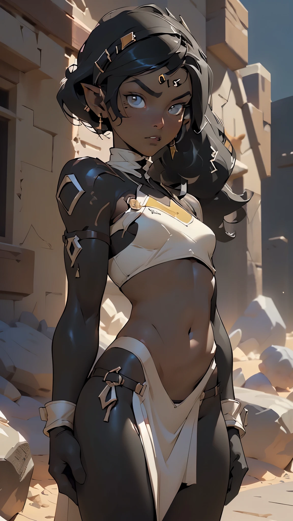 orc, orc girl, dark skin, mature orc girl, abs, toned,  long black hair,  heavy armor outfit, bikini armor, erotic expression, large breasts,((loincloth)),

((Ebony dark skin,very deep ebony skin,carbon black skin,(black race:1.2),dark skin:1.3,black skin:1.35,dark-skinned_female,dark skin:1.3,ebony skin:1.3,lustrous skin:1.5))

(dynamic pose:1.0),(centered,scale to fit dimensions,Rule of thirds,cowboy shot),

desert scenery:1.25,((stones scenery)),

((best quality)), ((masterpiece)), (detailed), Realistic Shadows, Detailed skin, Very detailed, highly detailed face, Perfect face shape, Perfect lips, Perfect nose, Correct beautiful eyes, Watching Viewer, Best Quality, (nsfw:0.5), ((flat chested, flat stomach, baby face)), (intense colors), ((3d)),

