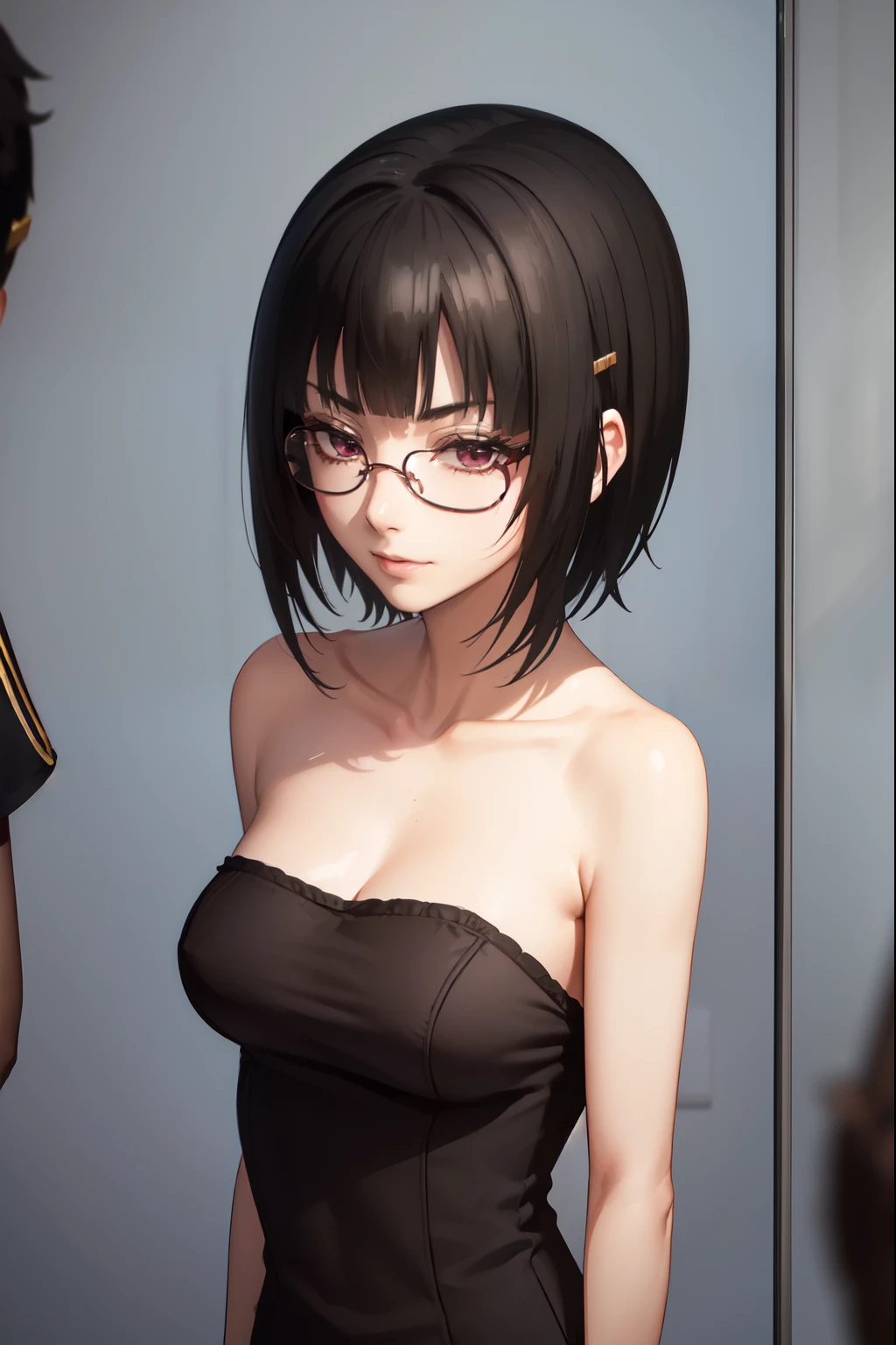 sounasitri, souna sitri,  short hair ,  black hair ,  hair ornament, glasses, hairclip, blows, blunt blows, ( purple eyes:1.1),
( masterpiece:1.2),  The best quality ,  High resolution, 8K Wallpaper, ( illustration:0.8), ( detailed and beautiful eyes :1.6),  extremely detailed face ,  perfect lighting ,  extremely detailed cg, ( perfect hands ,  perfect anatomy ),  masterpiece,  The best quality , highres, aajusticia , long hair,  black hair,  dark skin, tan,  bare shoulders ,  black dress,  session,  crossed legs , smile irónica, smile, inside