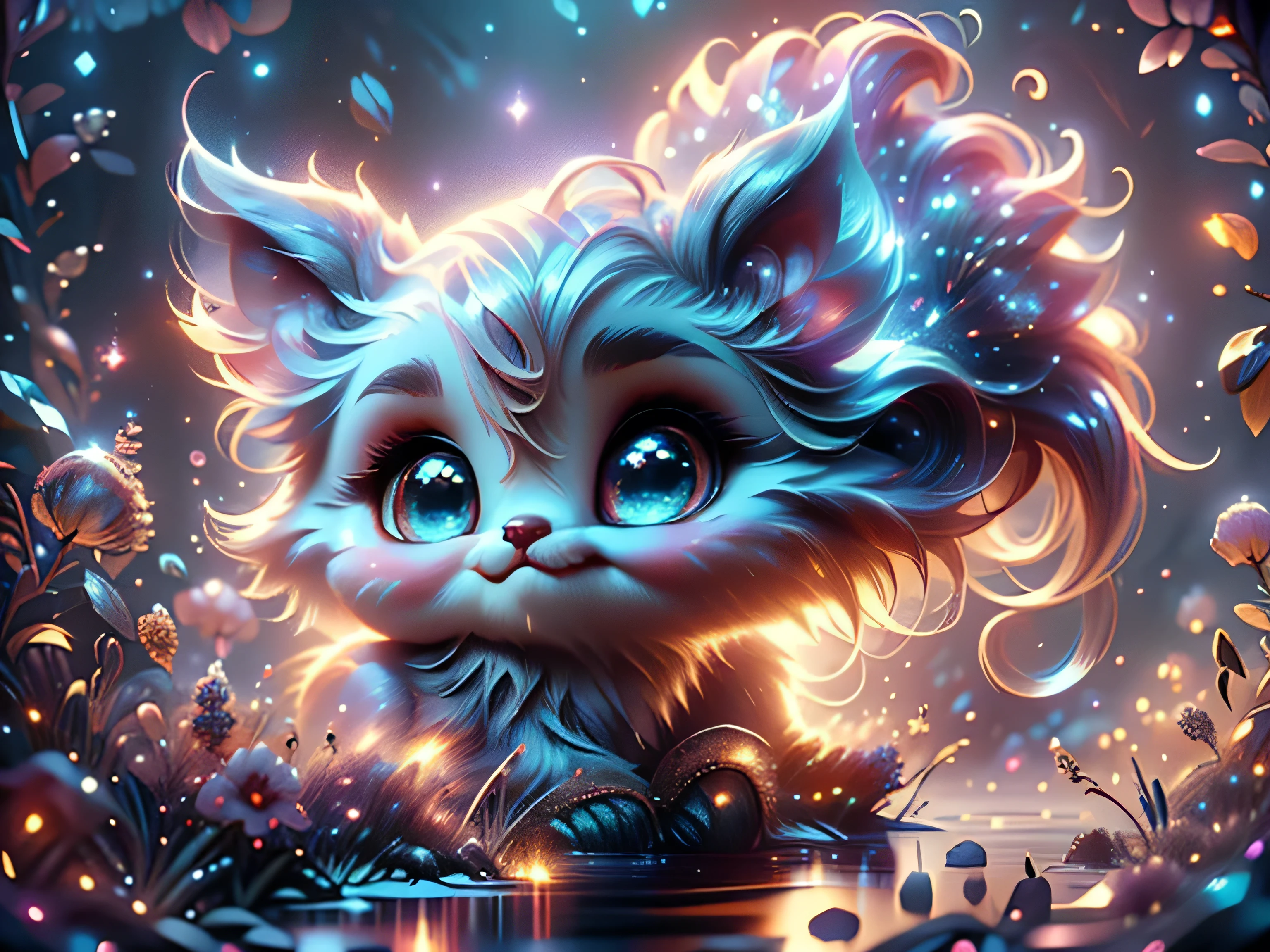 Magical Fantasy Creature, (Best Quality, Masterpiece, Representative Work, Official Art, Professional, Super Detailed, 8k:1.3), (Photorealism:1.2) Super Cute, Big Eyes, Soft, Soft Nose, Fluffy, Two-Toothed Smile, A  white unearthly creature has big blue eyes with silver sparkle, northern pink-lilac lights light up the night sky, magical moment, hyper-realistic digital artwork, highly detailed, Realistic, Beautiful, Soft Volumetric Light, (Backlight:1.3), (Cinematic:1.2), Intricate Details, (ArtStation:1.3), --auto --s2