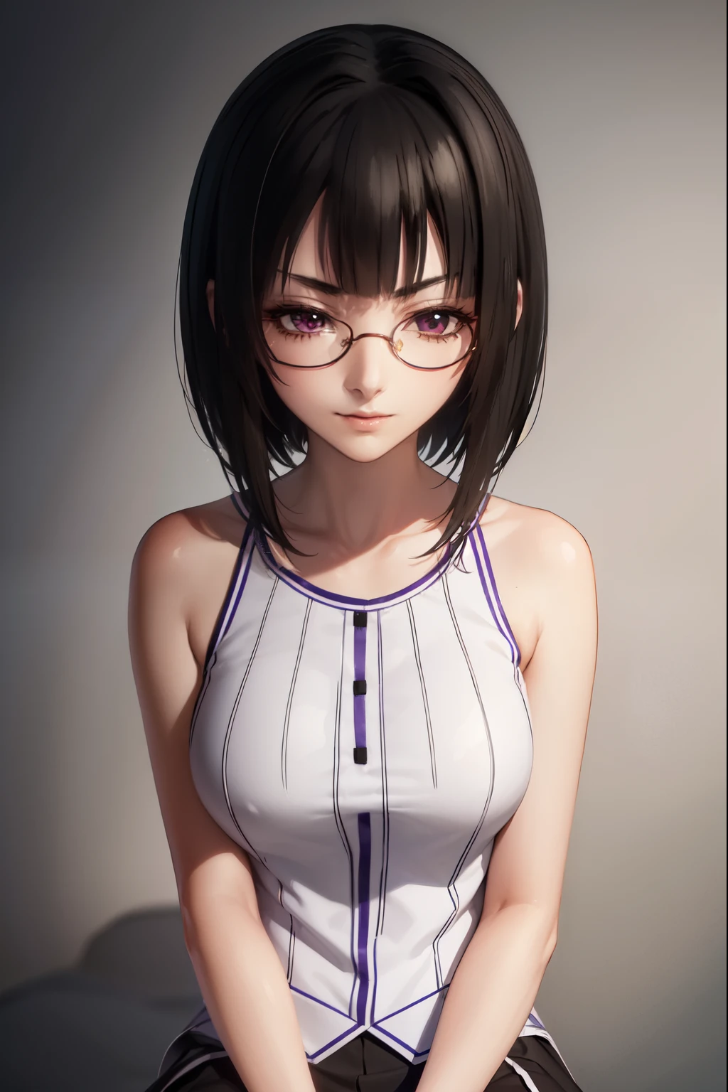 sounasitri, souna sitri,  short hair ,  black hair ,  hair ornament, glasses, hairclip, blows, blunt blows, ( purple eyes:1.1),
( masterpiece:1.2),  The best quality ,  High resolution, 8K Wallpaper, ( illustration:0.8), ( detailed and beautiful eyes :1.6),  extremely detailed face ,  perfect lighting ,  extremely detailed cg, ( perfect hands ,  perfect anatomy ),  masterpiece,  The best quality , highres, aajusticia , long hair,  black hair,  dark skin, tan,  bare shoulders ,  black dress,  session,  crossed legs , smile irónica, smile, inside