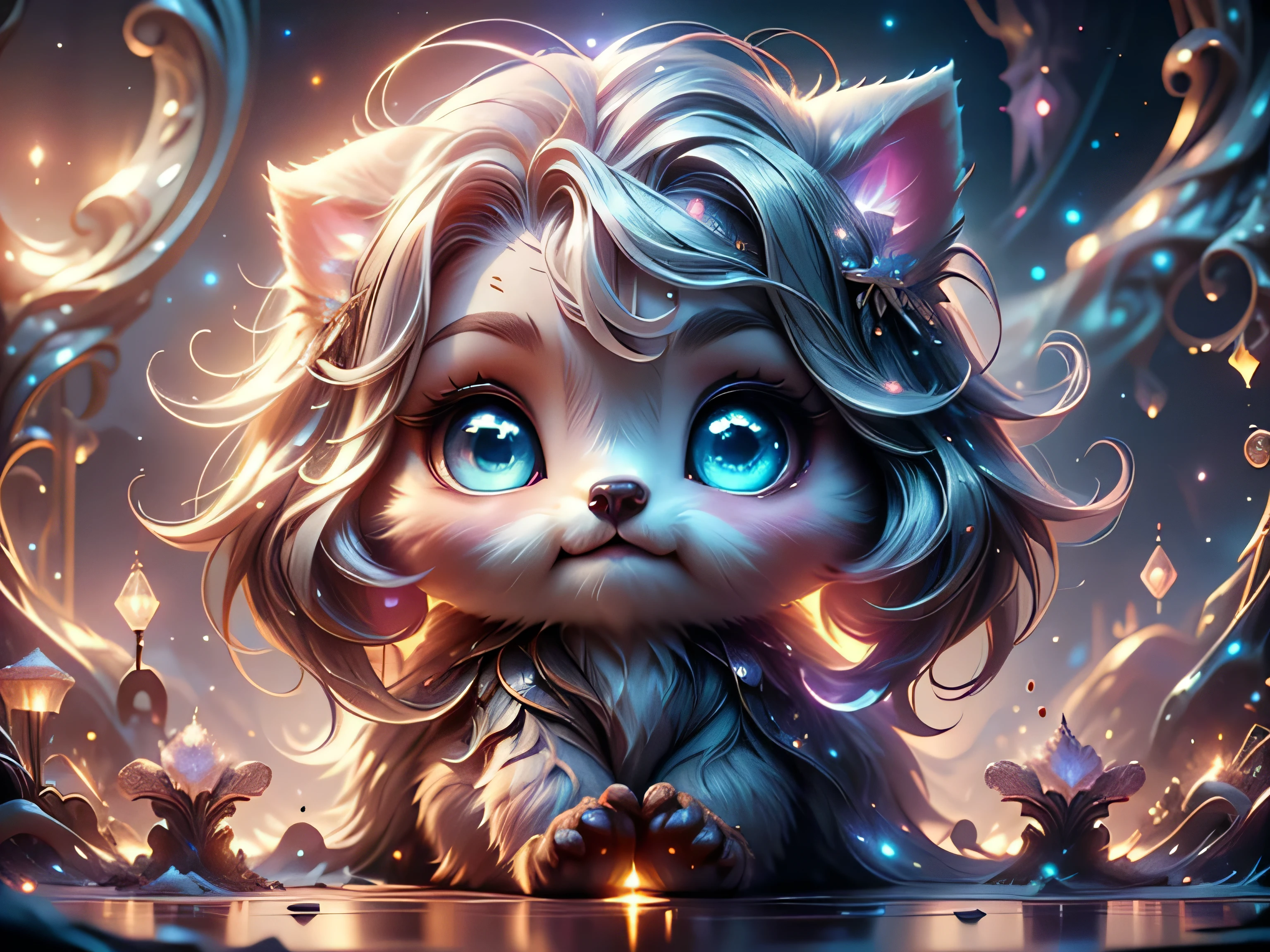 Magical Fantasy Creature, (Best Quality, Masterpiece, Representative Work, Official Art, Professional, Super Detailed, 8k:1.3), (Photorealism:1.2) Super Cute, Big Eyes, Soft, Soft Nose, Fluffy, Two-Toothed Smile, A baby white unearthly creature has big blue eyes with silver sparkle, northern pink-lilac lights light up the night sky, magical moment, hyper-realistic digital artwork, highly detailed, Realistic, Beautiful, Soft Volumetric Light, (Backlight:1.3), (Cinematic:1.2), Intricate Details, (ArtStation:1.3), --auto --s2