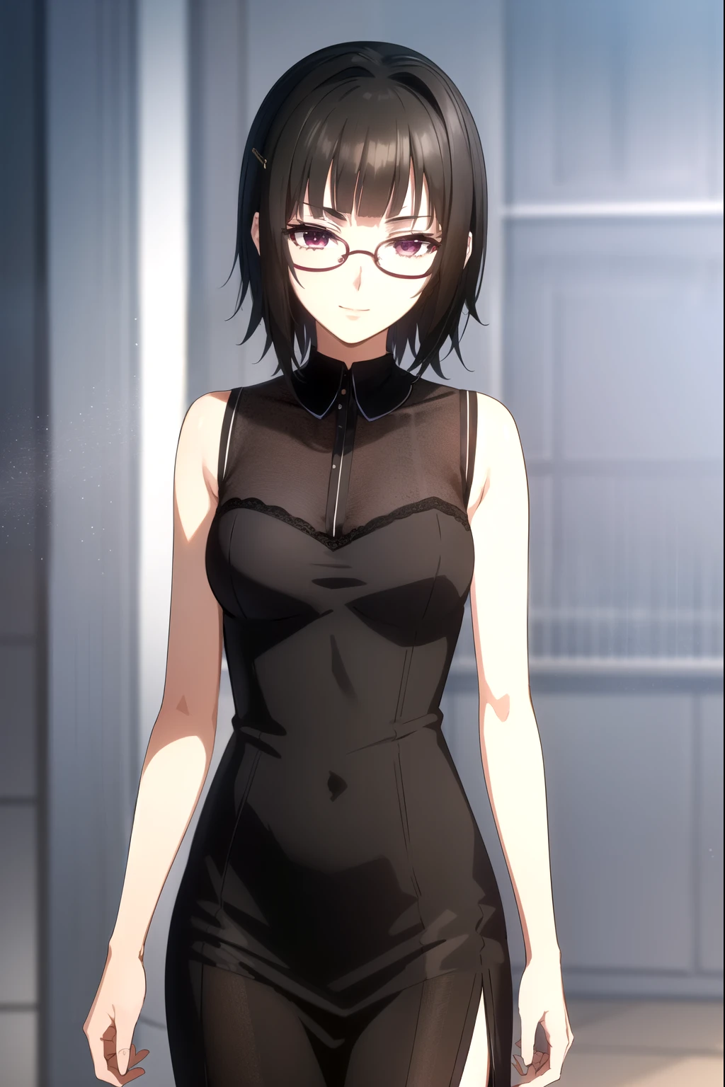 sounasitri, souna sitri,  short hair ,  black hair ,  hair ornament, glasses, hairclip, blows, blunt blows, ( purple eyes:1.1),
( masterpiece:1.2),  The best quality ,  High resolution, 8K Wallpaper, ( illustration:0.8), ( detailed and beautiful eyes :1.6),  extremely detailed face ,  perfect lighting ,  extremely detailed cg, ( perfect hands ,  perfect anatomy ),  masterpiece,  The best quality , highres, aajusticia , long hair,  black hair,  dark skin, tan,  bare shoulders ,  black dress,  session,  crossed legs , smile irónica, smile, inside