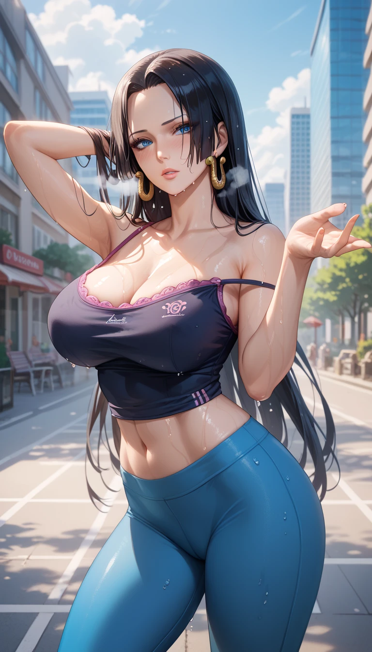 Milf, motherly, Fitgirl, Score_8_up, Score_7_up,  break, Best Quality, Beautiful Skin, Boa Hancock, Black Hair, blue eyes, Long Hair, forehead, Large Breasts, Staring at the viewer, grey camisole, yoga pants, wet clothes, Heavy breath, sensual pose in the city park in the morning, blush