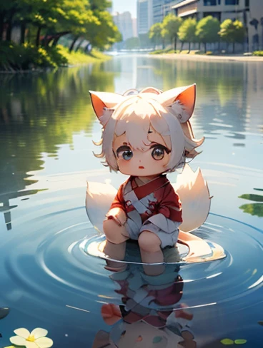 masterpiece，((The city reflected on the surface of the water))，cute，Chibi character，Baby kitsune，，